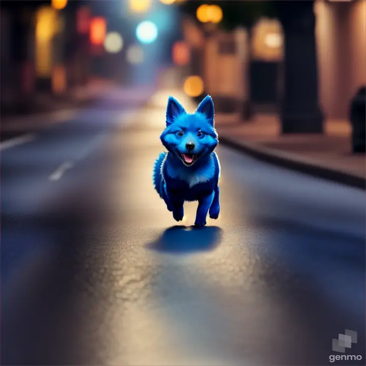 photography shot,long shot,long shot, small,
round blue dog bares its teeth, runs along the road, maximum detail, artificial lighting

