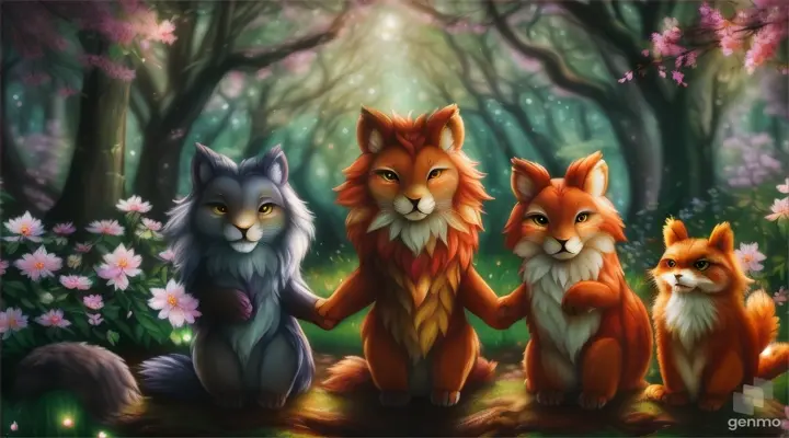 After completing the challenges, the enchanted blossom beings to glow even brighter. The friends little loin, fox, squirrel, owl hold hands around the flower, close their eyes, and makes a wish of their forest to always remain beautiful and safe.