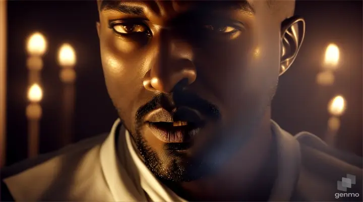 Крупно: Лицо красивого слуги, похожего на Kanye West, в темной комнате, подсвеченное свечой. Стиль фотореализм, высокая детализация.