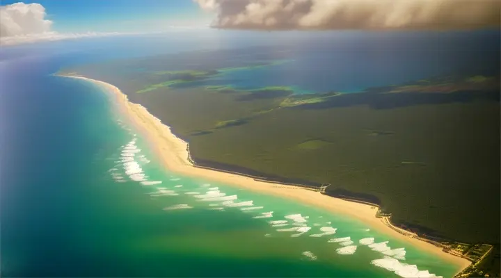 Aerial shot of the Hawaiian coast with the waves glistening in the sunlight.