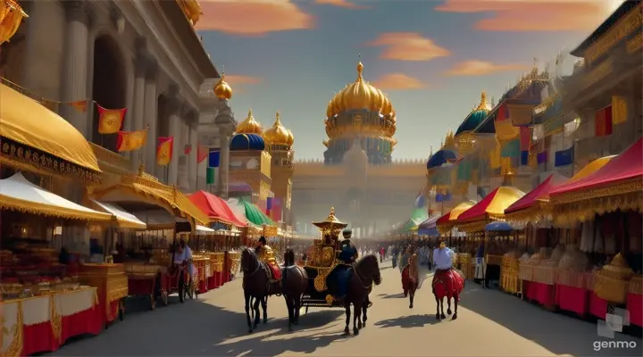 The emperor's who is A tall handsome man of 50 years in royal attire has a royal crown on his head travelling on horse chariot, golden and ornate, moves through A bustling, colorful marketplace with traders selling various goods. Stalls are adorned with bright fabrics and exotic items.
