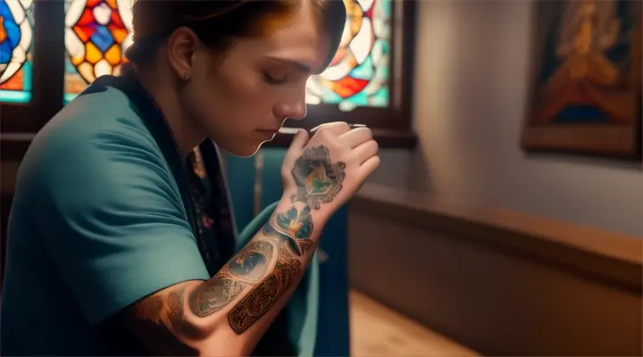 Style Holy art in zoom;; In a Tattoo Studio A person praying before getting a meaningful tattoo

