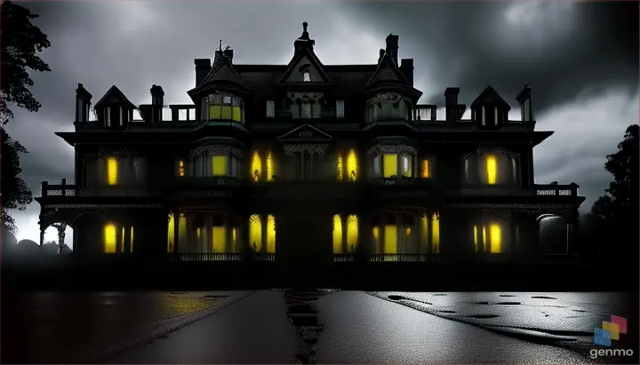 a taxi arriving at a large, dilapidated Victorian mansion on a dark, stormy night