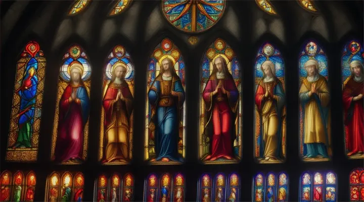 Arts sacra in zoom;;;;Colored Stained Glass:** Images of stained glass with representations of the saints, reflecting the light and color that symbolize the divine presence and the intercession of the saints