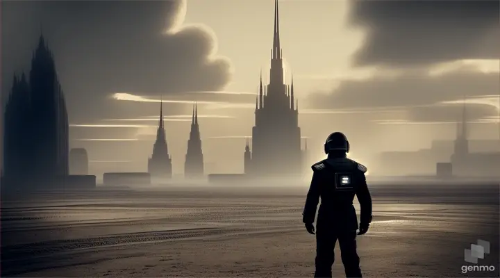 With sharp spires of iron structures, numerous antennas piercing the sky, the atmosphere of surrealism is enveloped in space, the unknown land of an unknown civilization, A 37-year-old man dressed in an old worn military uniform with no chevrons or insignia left stands with his back to the camera, a man in an iron helmet is stunned by what he saw