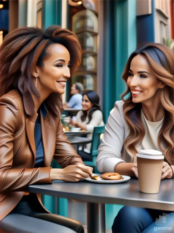 two women sitting at a table with a plate of food