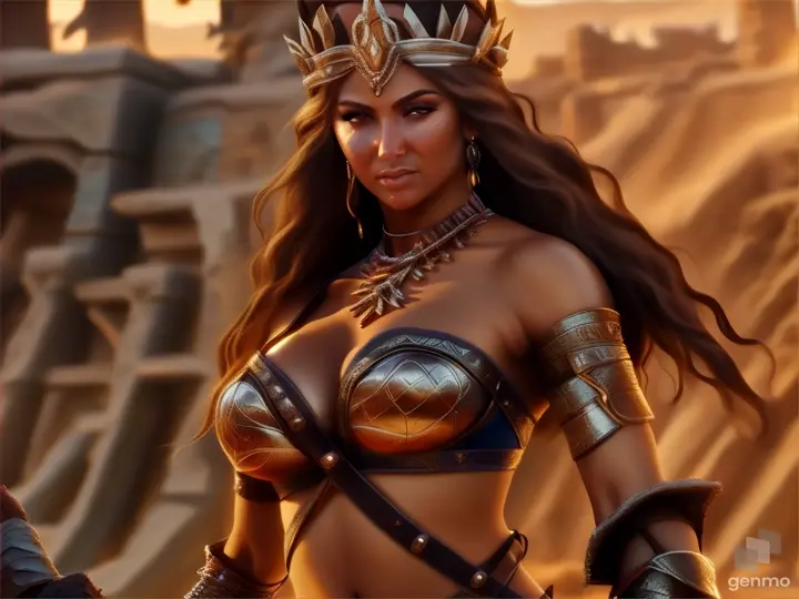 a woman in a warrior outfit standing in a desert