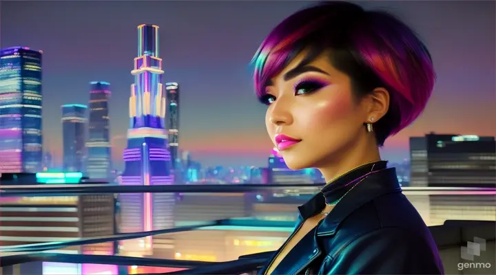 Chica preciosa surrounded by Tokyo's neon skyscrapers on a rooftop, bright lights reflecting off her asymmetrical haircut.