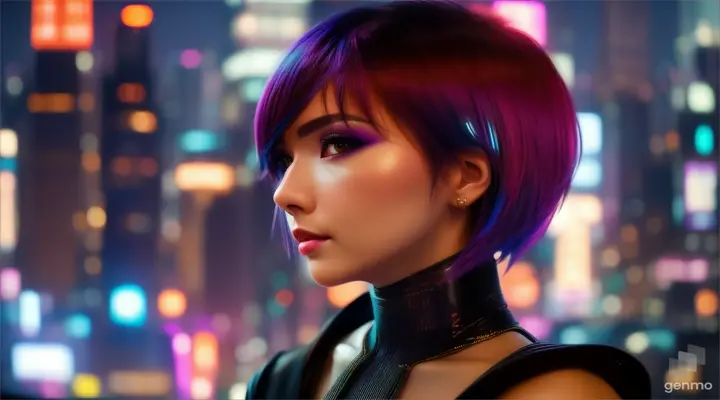 Chica preciosa surrounded by Tokyo's neon skyscrapers on a rooftop, bright lights reflecting off her asymmetrical haircut.