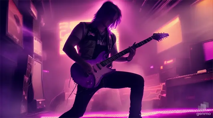 Guitarrista de heavy metal tocando su guitarras en un callejon una noche de neon con efectos de luces violetas 