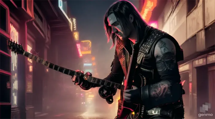 A composite image of a heavy metal guitarist playing in a neon-lit alleyway with a cinematic and dramatic feel el se llama max steller