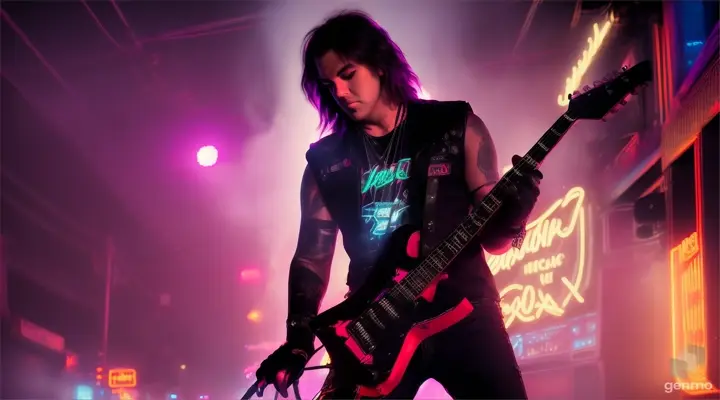 A composite image of a heavy metal guitarist playing in a neon-lit alleyway with a cinematic and dramatic feel el se llama max steller