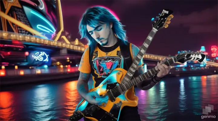 Estaba grita metalero con su guitarra Celeste fluorescente levantándonos hacia del Río La guitarra con en una noche estrellada en medio de la ciudad la guitarra de color turquesa