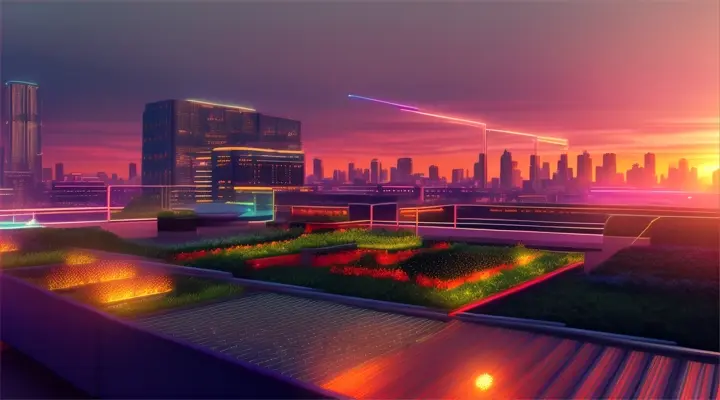 Rooftop garden in the city at sunset, ambient neon lighting, digital illustration