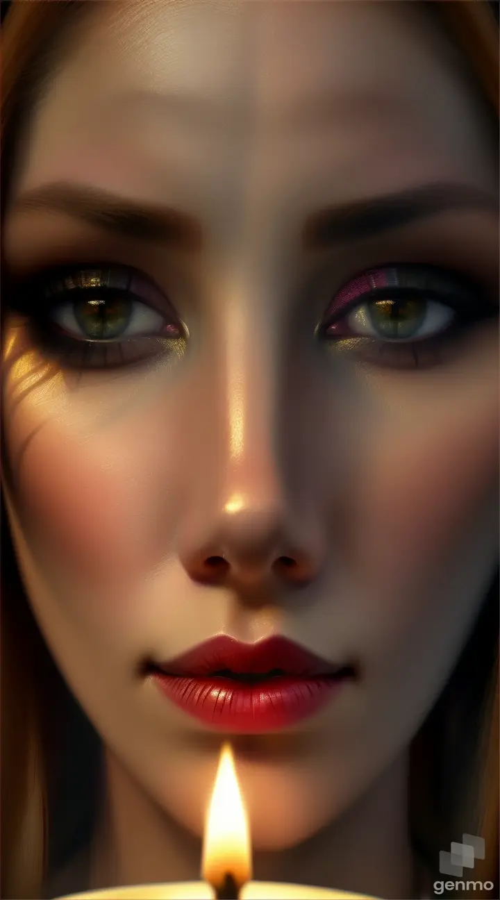 Close-up of a woman's face with her eyes open, sharp detailing of the eyes and pupils in a sacred candlelit atmosphere.   Her lips move in silent prayer