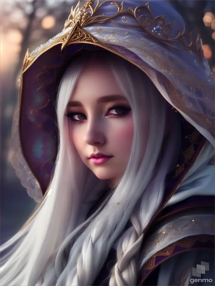 “A gorgeous, pretty and cute 20-year-old woman wearing a hood resembling an animation wizard, long white hair, patterns on her face, clear focus on her face, out-of-focus lights visible in the background, unchanging face, long hair and hood. “Slightly swaying in the wind”