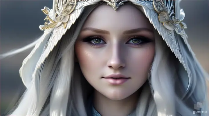 “A gorgeous, pretty and cute 20-year-old woman wearing a hood resembling an animation wizard, long white hair, patterns on her face, clear focus on her face, out-of-focus lights visible in the background, unchanging face, long hair and hood. “Slightly swaying in the wind”