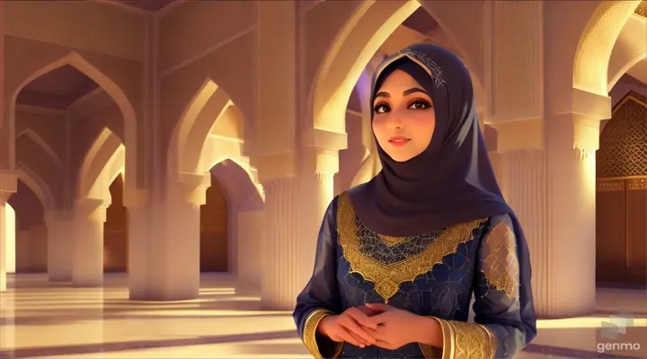 Make 3d animated muslim teacher  wearing hijab and standing inside  beautiful mosque. And move camea motion slowly right. Take closeup video.  