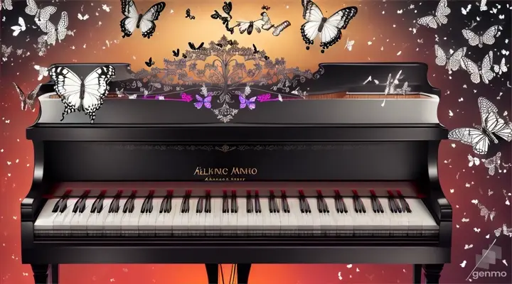 Create a realistic video showing a top-down view of a piano keyboard. The image should be horizontal, with black and white piano keys at the bottom of the frame. Butterflies should fly down to the keys and land on them, creating the impression that they are playing a melody. As the butterflies land and take off, they should create a visual representation of the melody being played. Above the piano keys, depict a landscape of unexplored worlds, filled with vibrant colors and fantastical elements that change in sync with the music played by the butterflies. The overall atmosphere should be magical and enchanting, with smooth transitions and high-quality visuals.