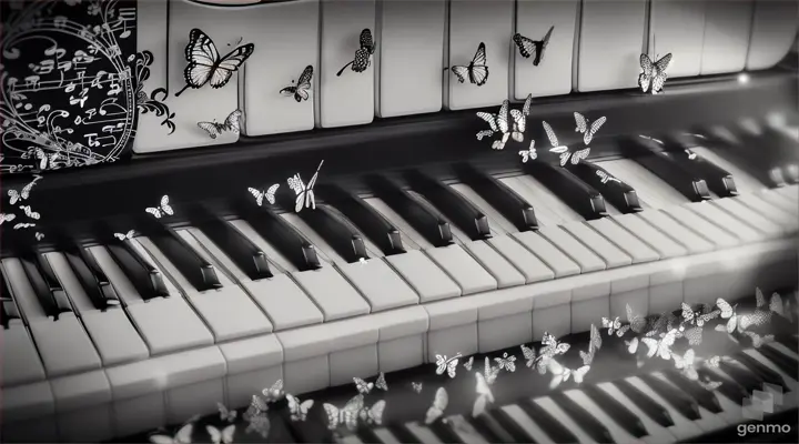 Super macro shot. The image is horizontal from top to bottom of a piano keyboard with black and white keys at the bottom of the image.  Butterflies fly to the keys and land on them, giving the impression that they are playing a melody. When butterflies land and take off, they create a visual representation of the melody being played. Above the piano keys is a landscape of unknown worlds, filled with bright magical combinations of lilac and red colours.and fantastic elements that change synchronously with the music performed by butterflies. super detail, professional colour correction, detailed macro photography in National Geographic style --ar 16:9.”