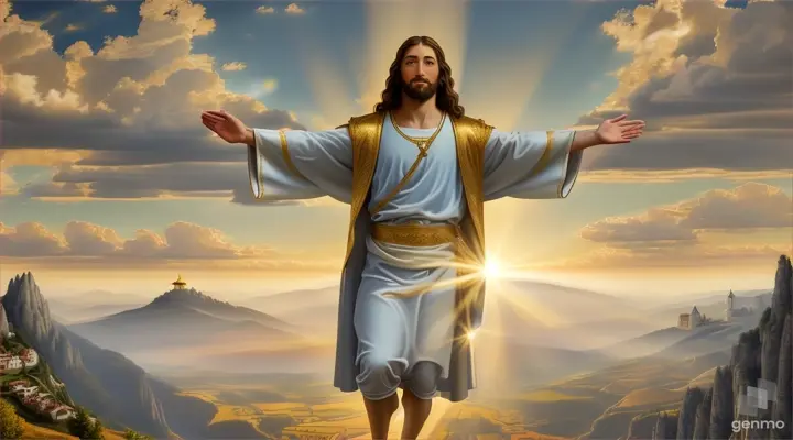 Create an epic and majestic scene of Jesus Christ hovering in heaven with open arms in a redemptive gesture. He's wearing a white tunic with gold accents that flutters dramatically. Jesus has a bright golden aura around him and his gaze is serene and benevolent. Below it is a mountainous landscape, com um vilarejo pequeno situado entre as montanhas. The sky in the background is in a vibrant shade of blue, com algumas nuvens brancas. Rays of light seem to emanate from Jesus' outstretched hands toward the earth. Depict every detail of the scene with maximum clarity, dramaticidade e sentido de movimento, conveying the feeling of a divine and saving moment. The focus is on the figure of Jesus hovering majestically over the earth, radiating hope and redemption. a painting of jesus christ, with a beautiful face with beard,((1man)), ((the son of God)), various positions, ((full body)), Frank Kelly Freas, Karol Bak style, best quality,32k ultra quality, parade paper quality, movie image, Classic 8K Jesus Christ in white robes appearing the whole body with a crown in all his glory