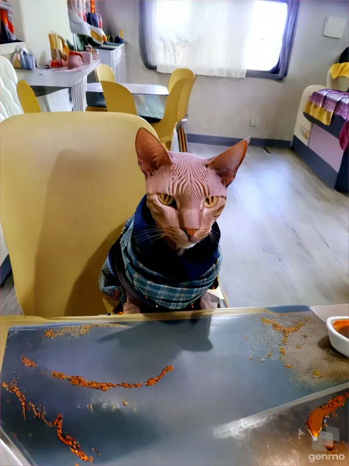 a hairless cat wearing a sweater sitting at a table