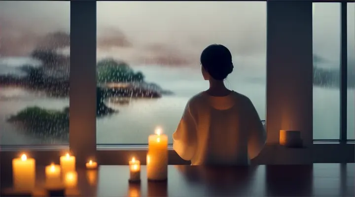 “ SPACE OF COMPLIMENT MOOD OR ENVIRONMENT: CALM INTERIOR DESIGN STYLE: FENG SHUI ;AS A WOMAN PRAYS WITH THE ENVIRONMENT AROUND HER, CANDLES ARE LIT, FACING THE PANORAMIC WINDOW WITH VIEW,A TORRENTIAL RAIN STORM, WITH THUNDER AND LIGHTNING, IN ZOOM ” 