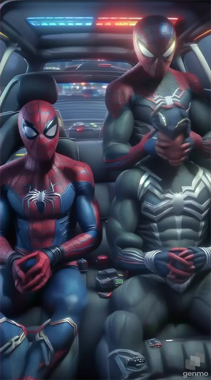 two spider - man sit in the back of a car