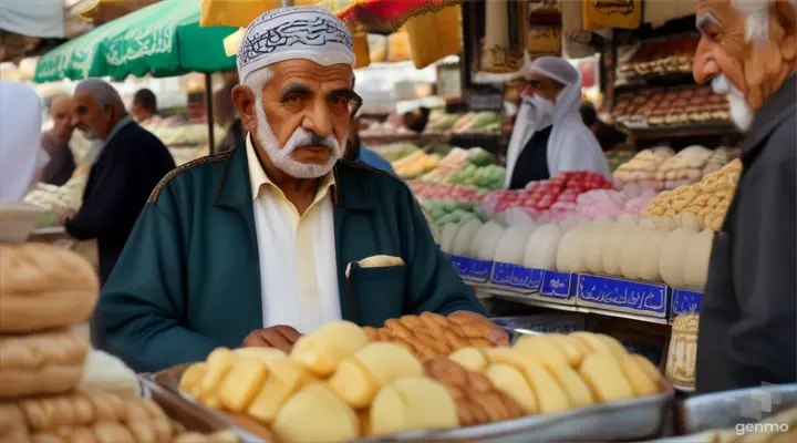 رجل عجوز عربي يبيع الزبدة الى البقال 