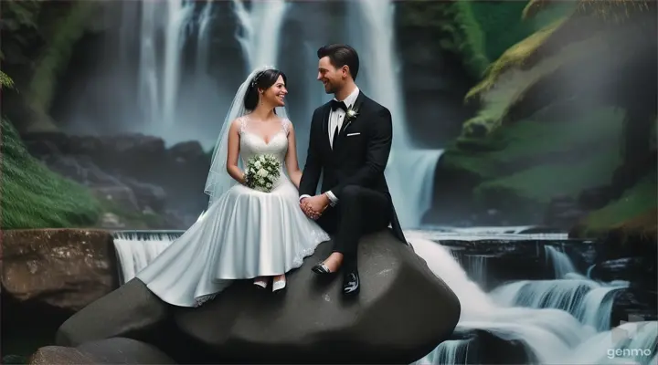 a bride and groom sitting on a rock in front of a waterfall and rainfall weather. 16:19