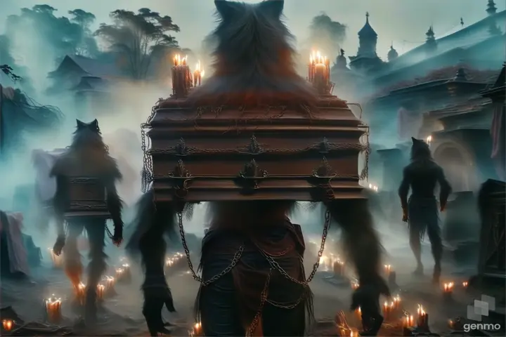 werewolf, with a coffin on his back, 3 candles on the coffin, chains around his waist and hands, seen from the back, walking through an empty village, misty night