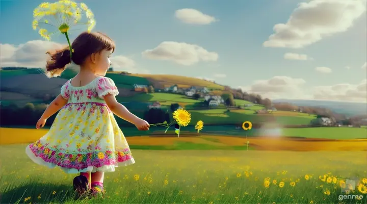 The image shows a six-year-old girl in sandals shoes running through a green meadow against the backdrop of hills, holding a dandelion in her hands from which fluff flies in the wind. Dressed in flowing, colorful floral clothing, the blonde-haired girl, wearing a floral dress over tights, displays a cheerful and carefree expression as she runs around the ring wearing wreaths of yellow dandelions. The sky overhead is blue, giving the overall scene a bright and distinct tone. 16:9