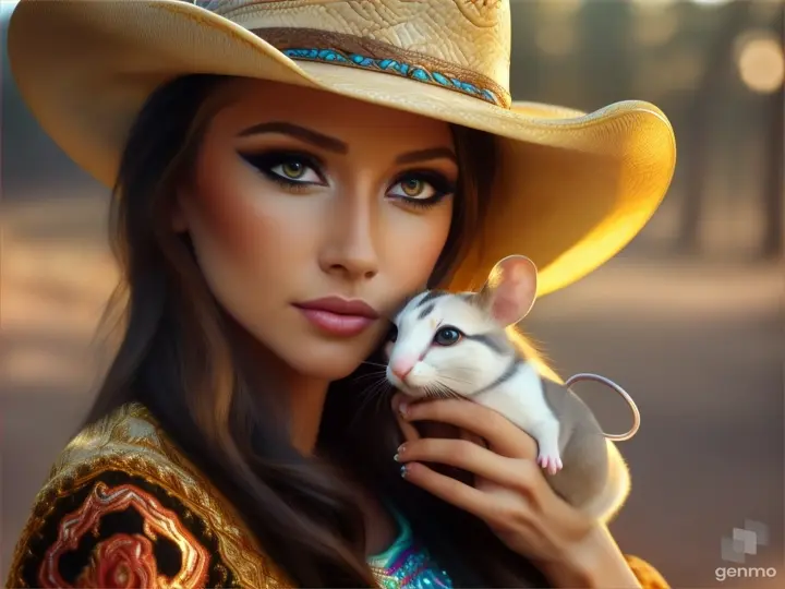 a woman in a cowboy hat holding a mouse