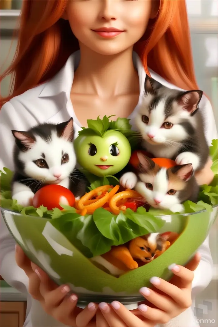 a woman holding a bowl filled with animals