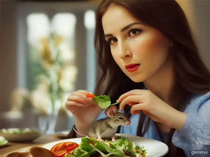 woman holding a salad with a mouse in it