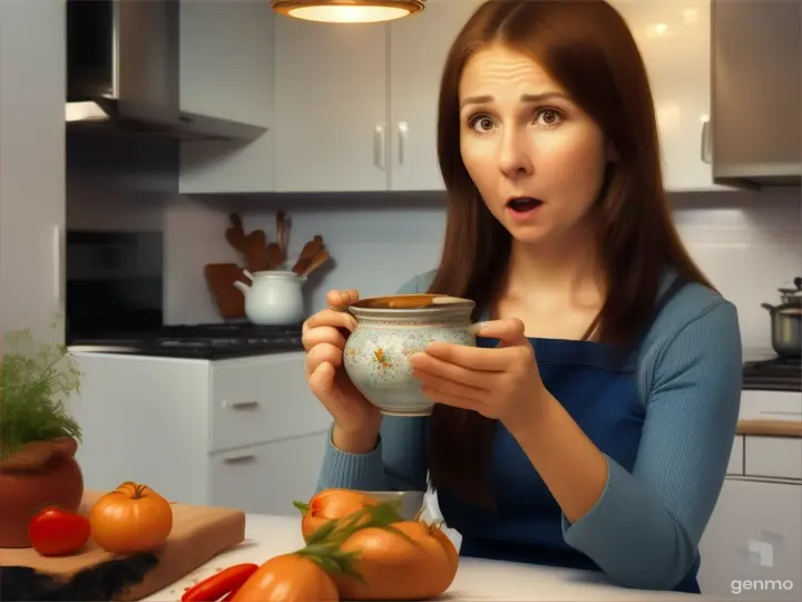 woman holding a pot with a mouse in it, kitchen