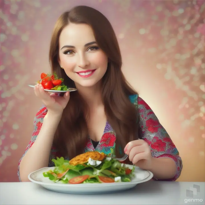 woman holding a plate of salad with a mouse on it