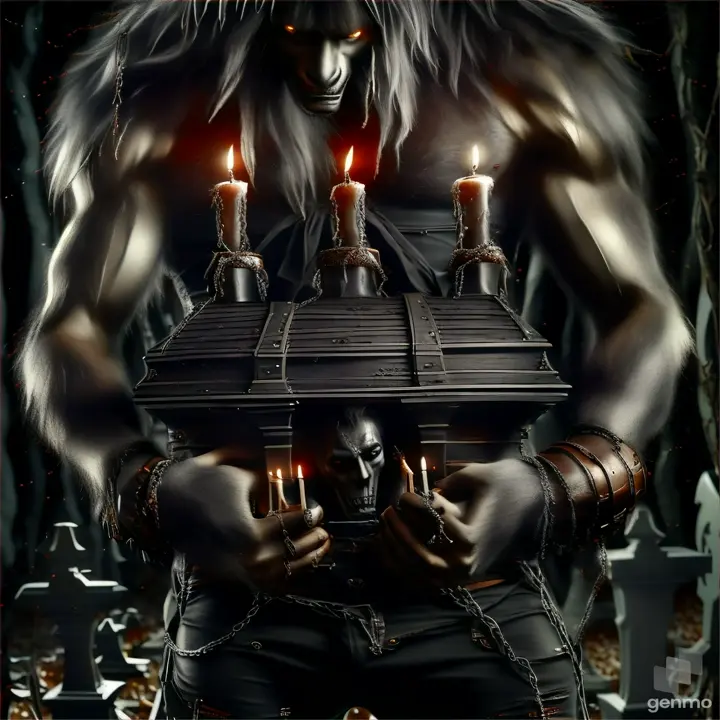 werewolf, with a coffin, 3 candles on the coffin, chains around his waist and hands, misty night