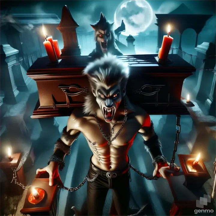 werewolf, with a coffin on his back, 3 candles on the coffin, chains around his waist and hands, misty night