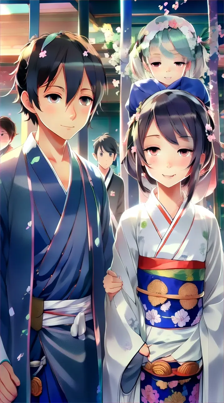 a man and a woman in kimonos standing next to each other