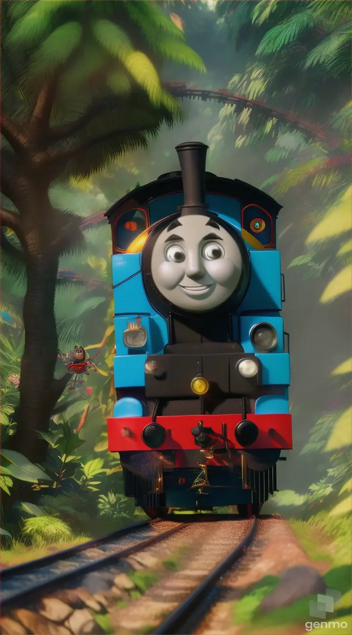 a (((THOMAS THE TRAIN)))++ with a giant spider legs, IN JUNGLE