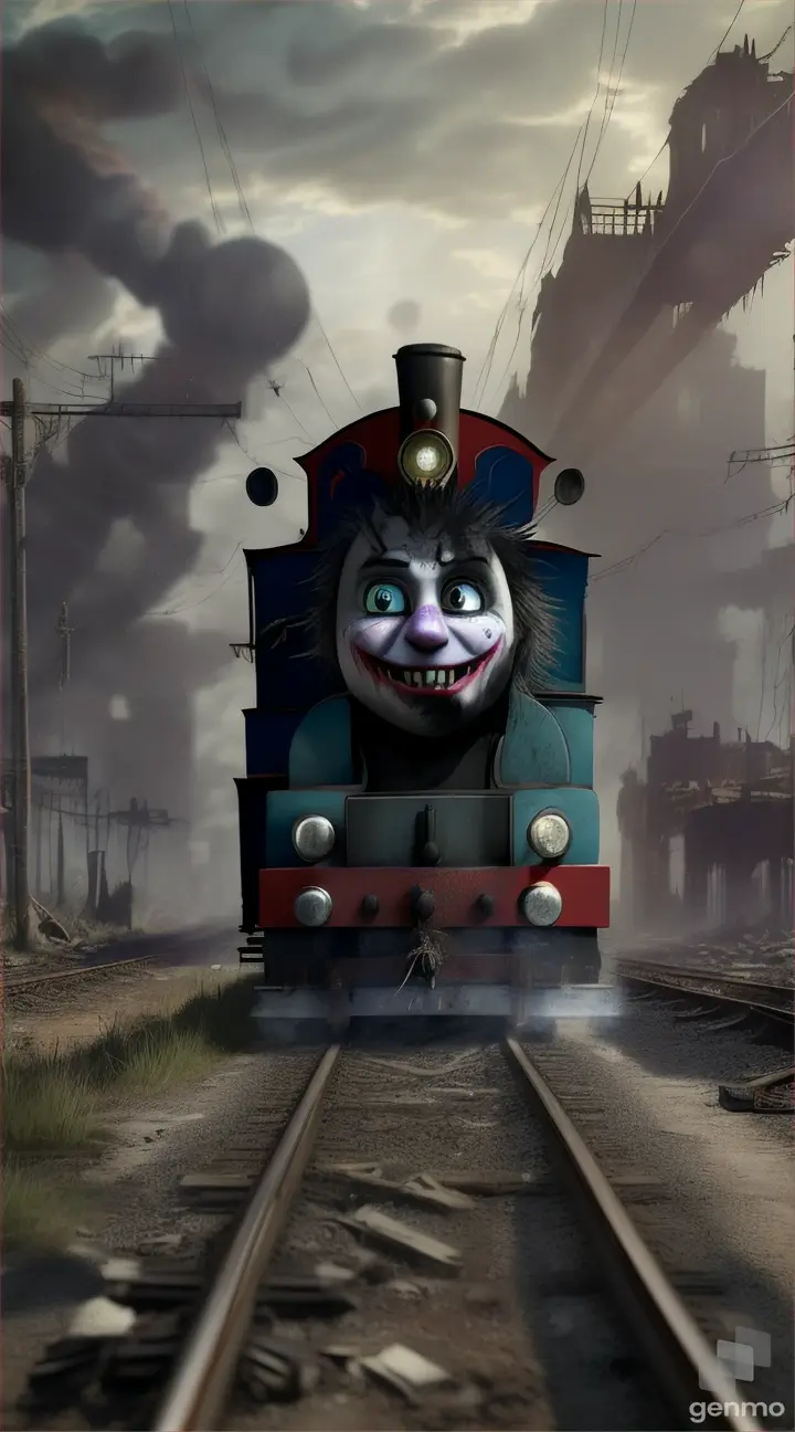 “Create a THOMAS THE TRAIN with joker face, sharp teeth, crazy hair, at abandoned city, high detailed” 