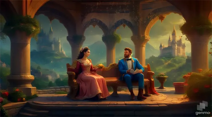 a man and a woman sitting on a bench in front of a castle