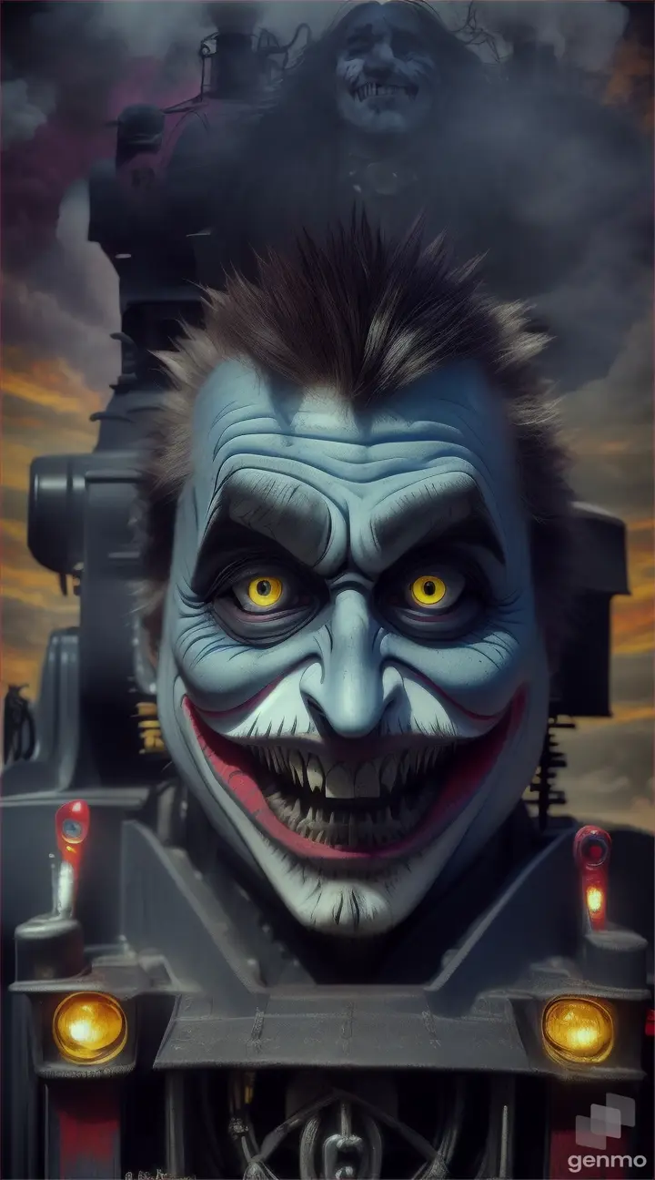 Create a THOMAS THE TRAIN with joker face, sharp teeth, crazy hair
Seed: 3389794629