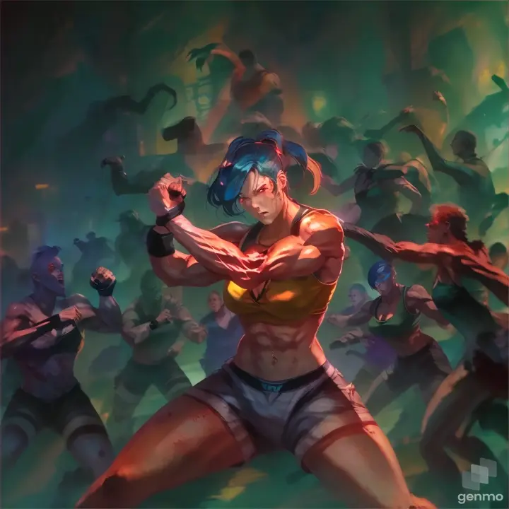 Muscular woman fights zombies in a futuristic combat arena with a large neon display in the background