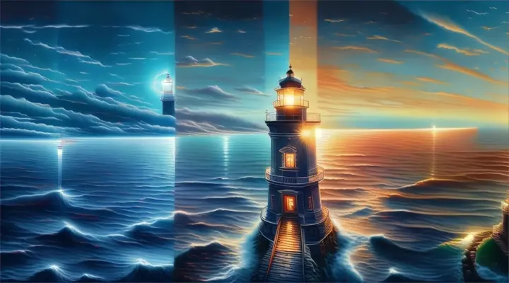 a video realistic of a lighthouse in the middle of the ocean in the night and day