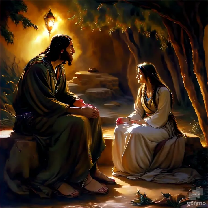 a painting of jesus talking to a woman