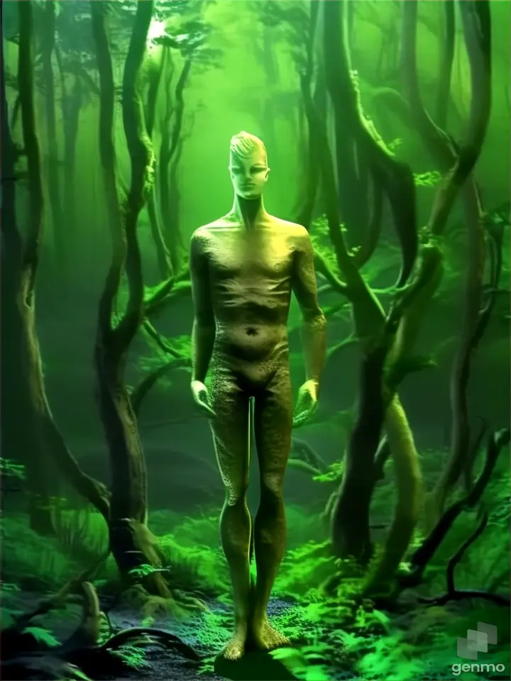 a man standing in the middle of a forest