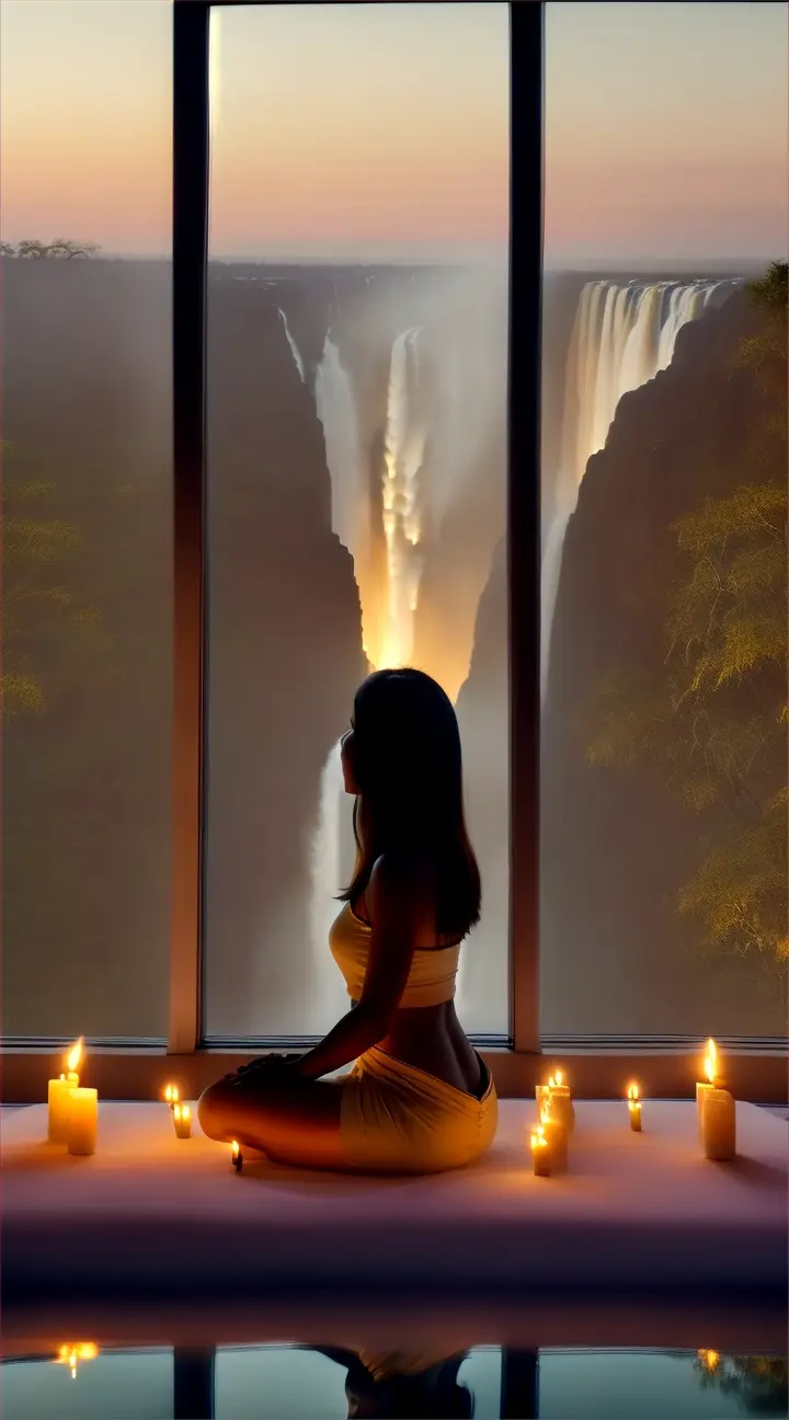  PRAISE SPACE
 MOOD OR AMBIENCE: CALM
 INTERIOR DESIGN STYLE: FENG SHUI 



  WHILE A woman PRAYS WITH THE ENVIRONMENT AROUND HER, CANDLES ARE LIT, FACING THE PANORAMIC WINDOW OVERLOOKING   VIEW, ZOOM

VICTORIA FALLS  ZAMBIA/ZIMBABWE
.,   IN  ZOOM ” 