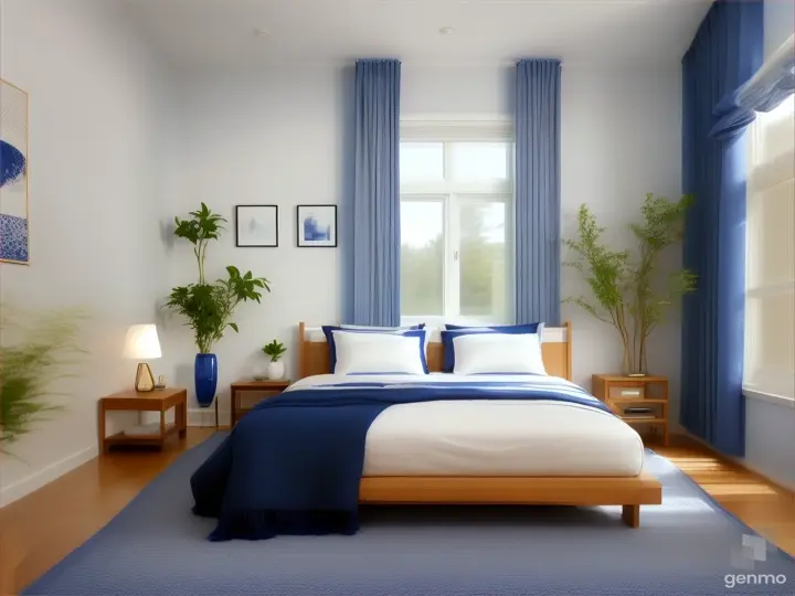 bedroom with toyal blue and white wall